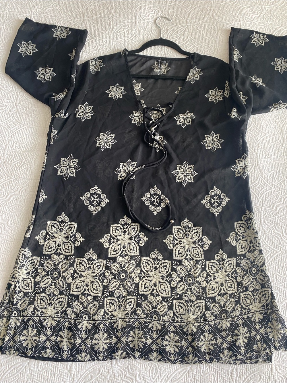 PontoCruz Black & White Lace-Up Boho Swimsuit Cover and Tunic Top Size L - Picture 9 of 11